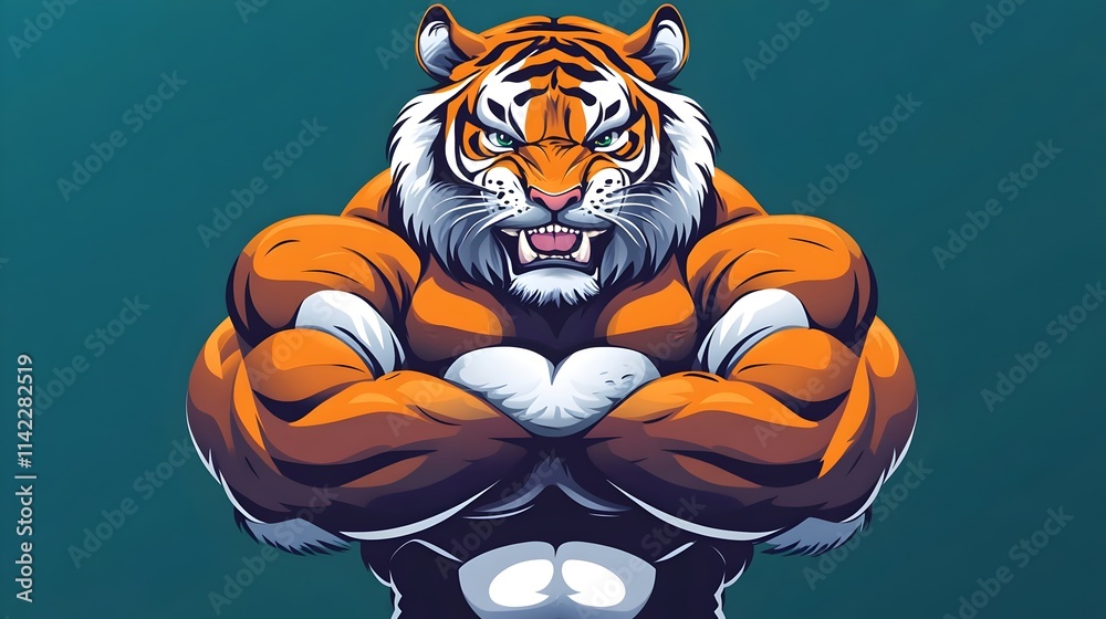 Obraz premium A muscular cartoon tiger character mascot flexing its strong muscles in flat vector illustration. Concept for logos, team mascots, branding, strength, athletic or competitive branding themes.