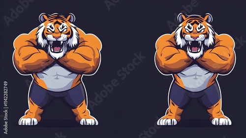 A muscular cartoon tiger character mascot flexing its strong muscles in flat vector illustration. Concept for logos, team mascots, branding, strength, athletic or competitive branding themes. photo