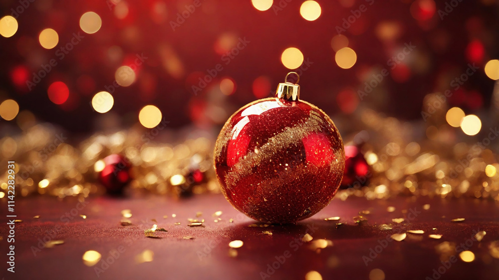 Abstract Christmas Celebration - Shiny Golden Glitter With Defocused Lights And Fireworks On red Background Abstract Christmas Celebration - Shiny Golden Glitter With Defocused Lights And Fireworks On red Background