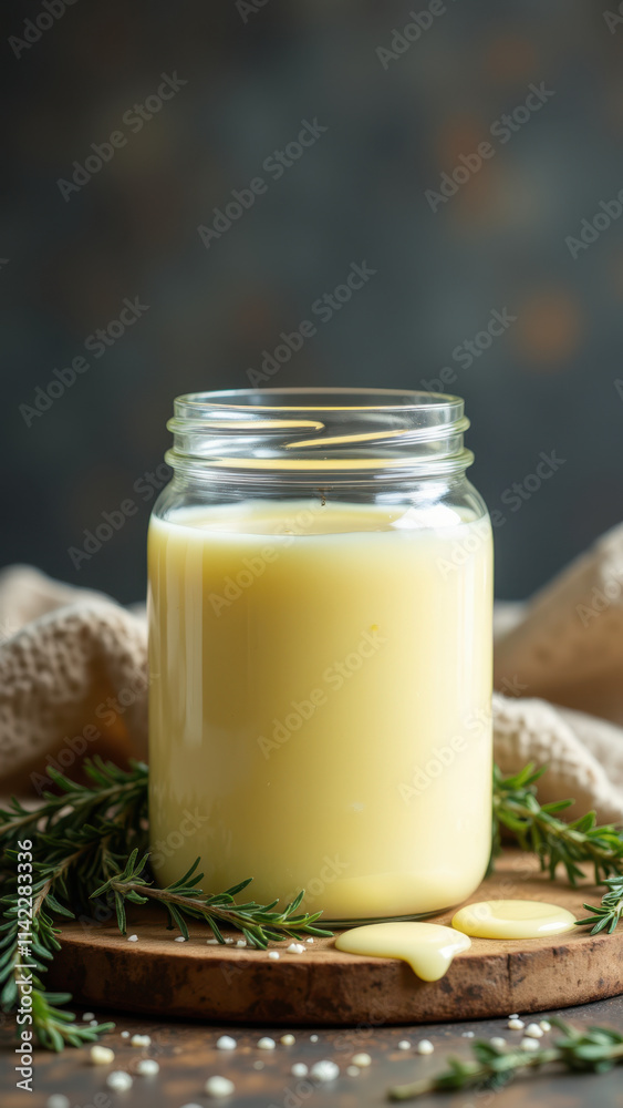 A jar filled with a yellowish substance, possibly homemade soap or tallow, set on a wooden board among herbs for garnishment and scent. A jar filled with a yellowish substance, possibly homemade soap or tallow, set on a wooden board among herbs for garnishment and scent.