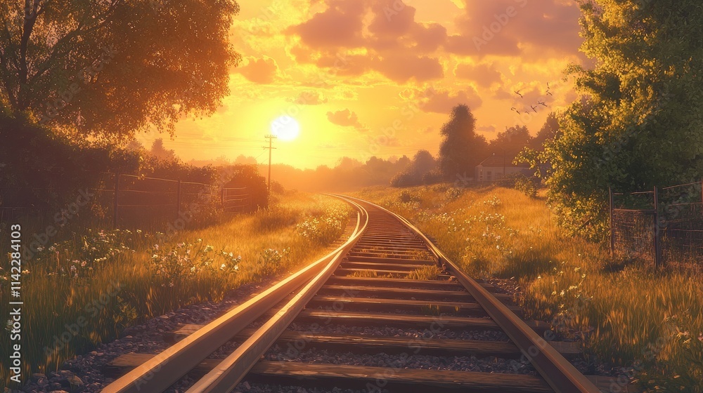 A tranquil scene of railway tracks leading into a beautiful sunset, with golden rays illuminating the path ahead, evoking a sense of adventure and nostalgia A tranquil scene of railway tracks leading into a beautiful sunset, with golden rays illuminating the path ahead, evoking a sense of adventure and nostalgia