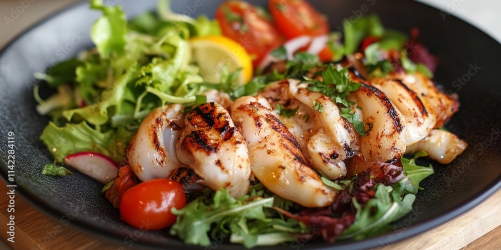 Grilled squid served alongside a vibrant fresh salad creates a delightful combination. This dish featuring grilled squid and fresh salad is perfect for seafood lovers seeking a refreshing meal. Grilled squid served alongside a vibrant fresh salad creates a delightful combination. This dish featuring grilled squid and fresh salad is perfect for seafood lovers seeking a refreshing meal.