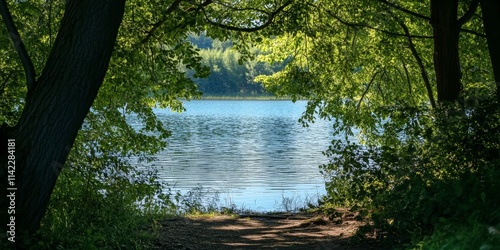 Tranquil waterview framed by trees, creating a peaceful background that contrasts beautifully with the surroundings, highlighting the serene essence of the waterview in nature. photo