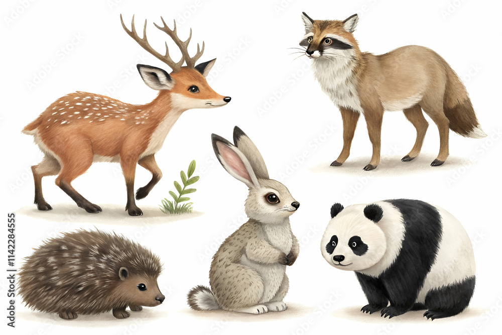 Fototapeta premium A charming illustration featuring a deer, fox, rabbit, hedgehog, and panda in a whimsical style, showcasing various woodland animals.