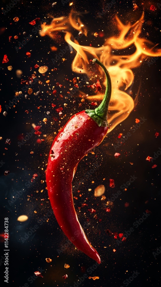 Red hot chili pepper exploding with flames and spices on dark background Red hot chili pepper exploding with flames and spices on dark background