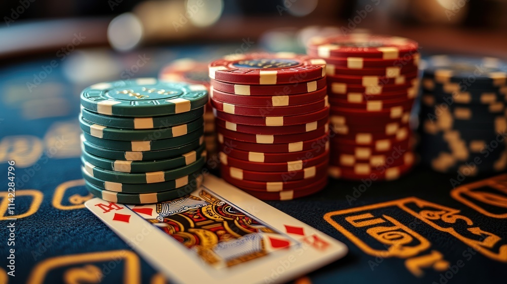 Fototapeta premium Casino poker chips and queen of diamonds card on felt table.