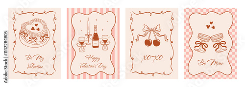 Big set of vintage greeting cards for Valentine's Day in coquette style. Romantic border with ribbon frame and bow in the la Dolce Vita aesthetic. Vector doodle hand drawn illustration.