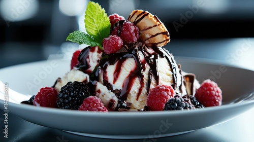 A luscious dessert featuring a scoop of ice cream adorned with vibrant raspberries, blackberries, and a rich chocolate drizzle, topped with a mint sprig. photo