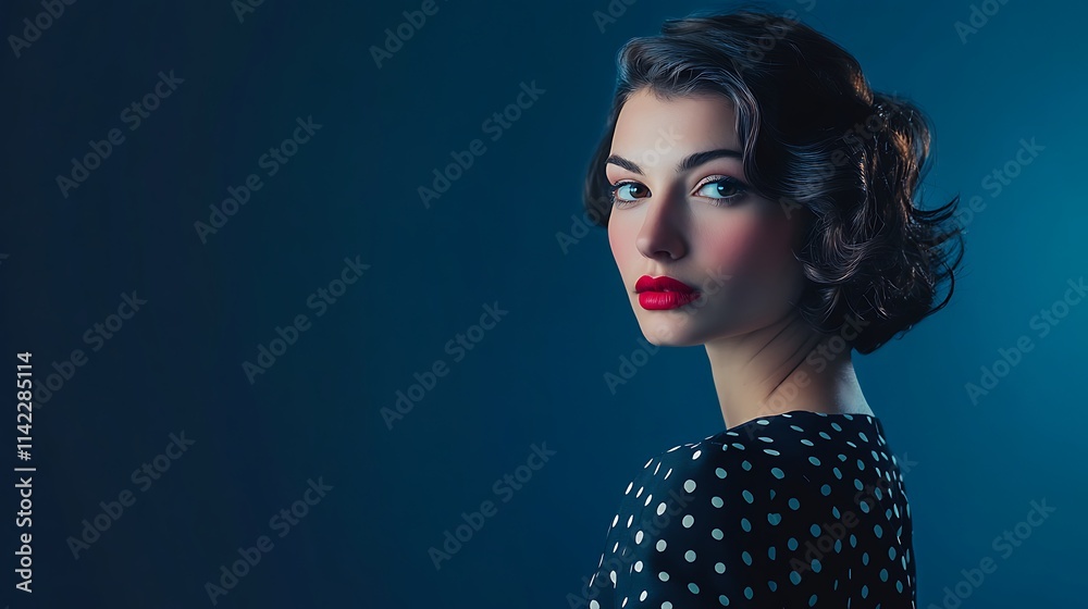 Female model in vintage polka dot dress, with retro studio lighting,