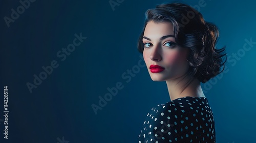 Obraz na płótnie Female model in vintage polka dot dress, with retro studio lighting, w salonie
