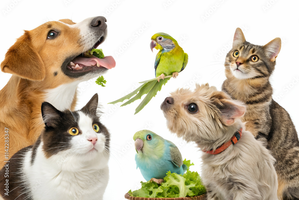 Obraz premium A playful scene featuring various pets, including dogs, cats, and parrots, all enjoying vegetables, showcasing a harmonious pet-friendly environment.