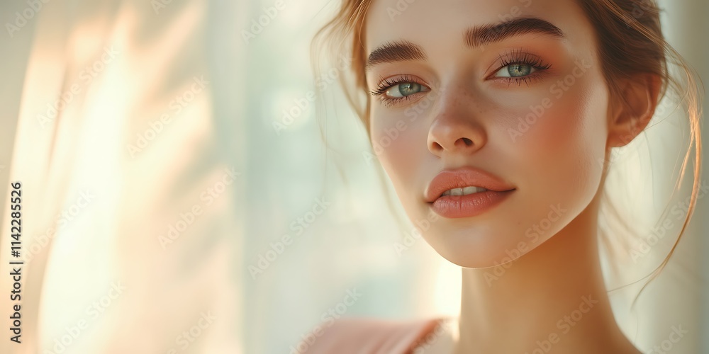 Female model in soft pastel tones, posing delicately under gentle lighting
