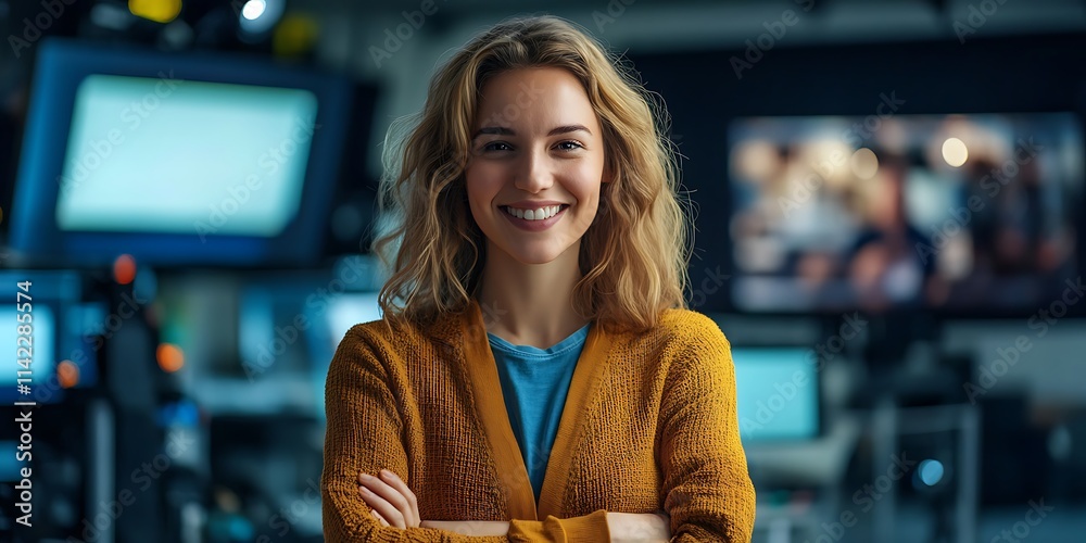 Portrait of production coordinator standing confidently in TV studio, smiling, professional portrait