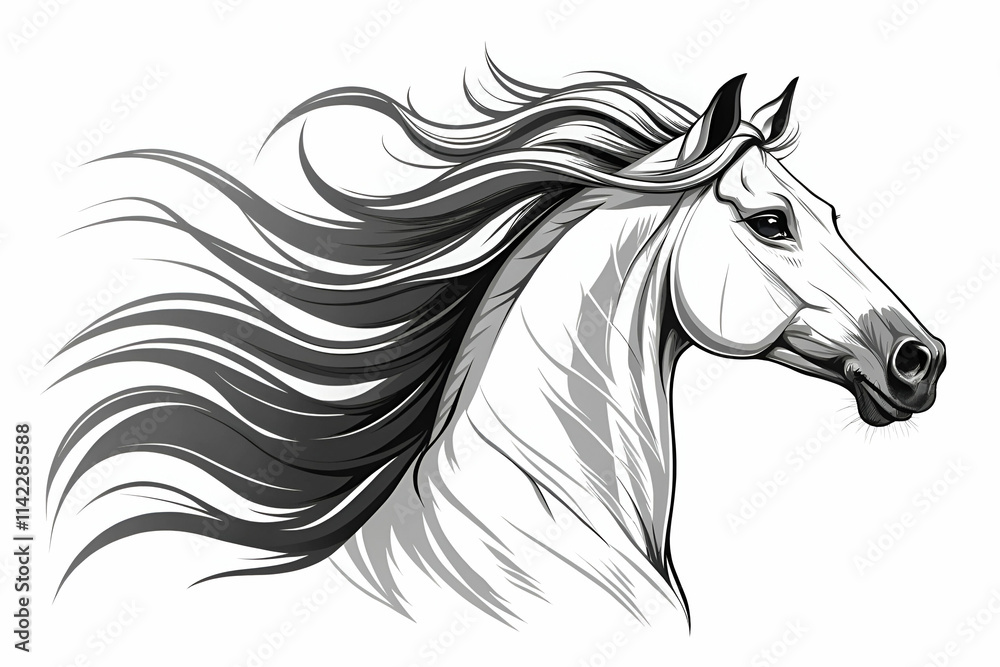 A stylized illustration of a horse's head with flowing mane, showcasing elegance and grace in a monochromatic design. A stylized illustration of a horse's head with flowing mane, showcasing elegance and grace in a monochromatic design.
