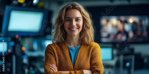 Obraz na płótnie Portrait of production coordinator standing confidently in TV studio, smiling, professional portrait w salonie
