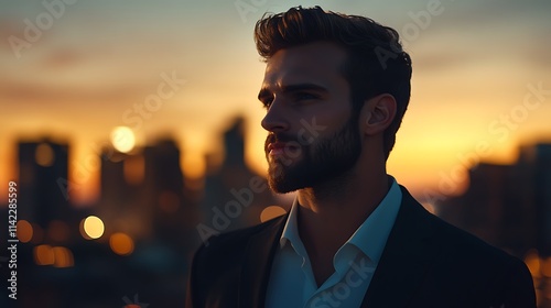Male model wearing a suit, standing against bright city skyline at dusk, exuding confidence