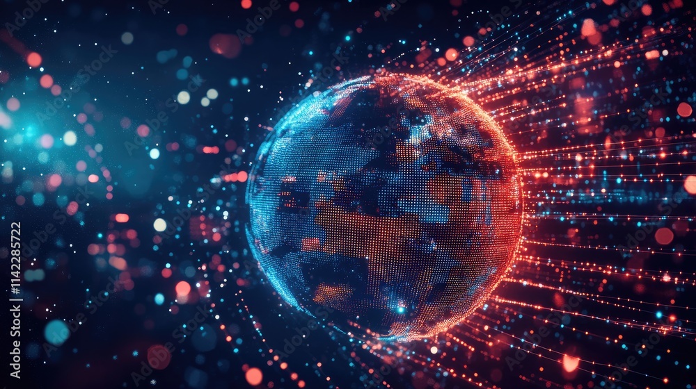 Fototapeta premium A pixelated globe deconstructing into streams of network pathways, front view, representing the decentralization of information, digital tone, Split-complementary color scheme 