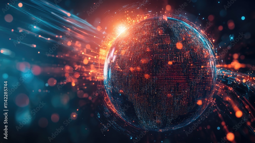 A pixelated globe deconstructing into streams of network pathways, front view, representing the decentralization of information, digital tone, Split-complementary color scheme A pixelated globe deconstructing into streams of network pathways, front view, representing the decentralization of information, digital tone, Split-complementary color scheme