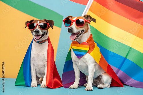 Two dogs wearing rainbow capes and sunglasses pose against a colorful backdrop, celebrating pride with vibrant flags.