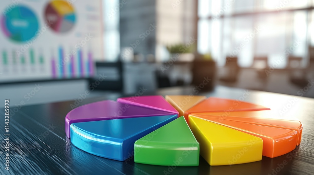 Fototapeta premium A vibrant 3D pie chart with colorful segments rising from the surface, symbolizing financial data, set against a modern office background with graphs and charts displayed.