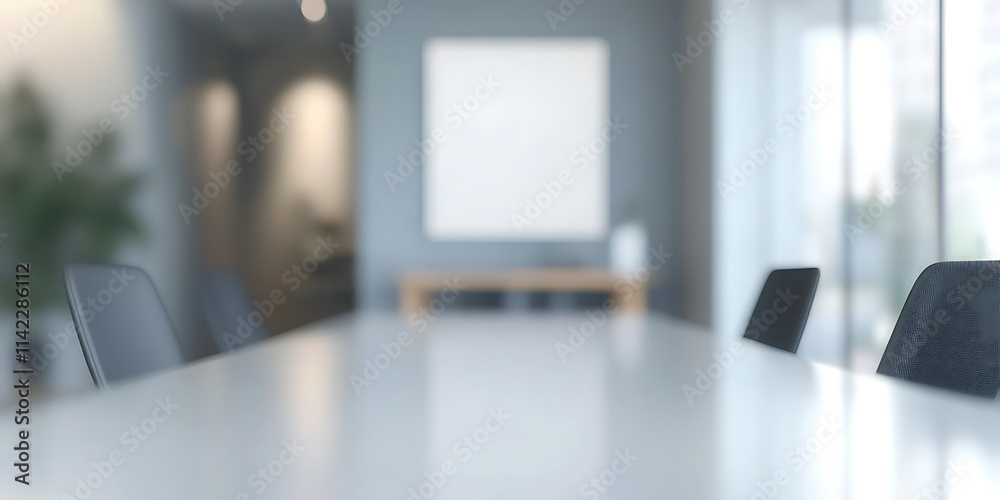 Minimalist office interior with blurred desks and chairs, clean professional look