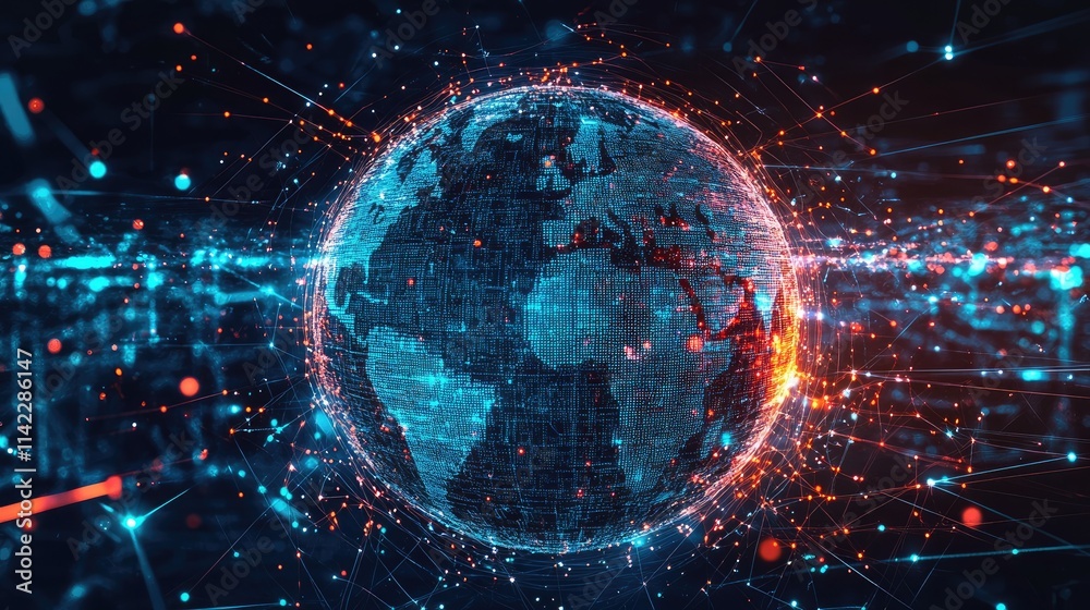 Fototapeta premium A pixelated globe deconstructing into streams of network pathways, front view, representing the decentralization of information, digital tone, Split-complementary color scheme 