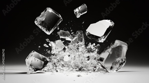 This image captures the dramatic explosion of clear ice cubes against a dark, dramatic background, highlighting dynamic movement and contrasting light and shadow.