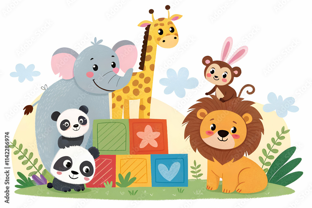 Naklejka premium A colorful illustration featuring cute cartoon animals like an elephant, giraffe, monkey, lion, and pandas playing with blocks in a vibrant jungle setting.