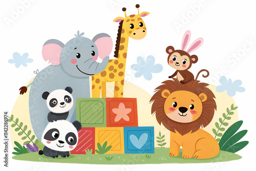 A colorful illustration featuring cute cartoon animals like an elephant, giraffe, monkey, lion, and pandas playing with blocks in a vibrant jungle setting. photo