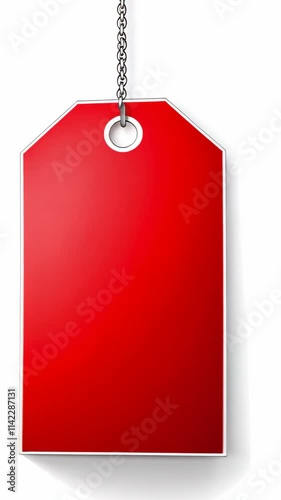 Blank red tag hanging on a chain against a white background for labeling or pricing purposes