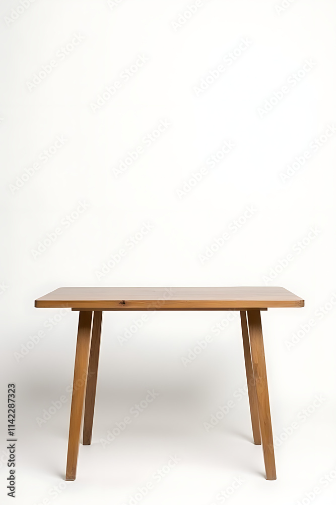 Simple wooden table stands alone against a plain white background of an exposed brick wall._00001_ Simple wooden table stands alone against a plain white background of an exposed brick wall._00001_