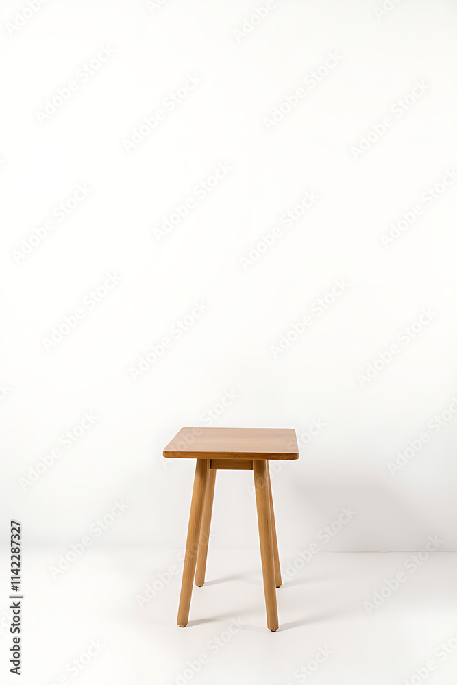 Simple wooden table stands alone against a plain white background of an exposed brick wall._00002_ Simple wooden table stands alone against a plain white background of an exposed brick wall._00002_