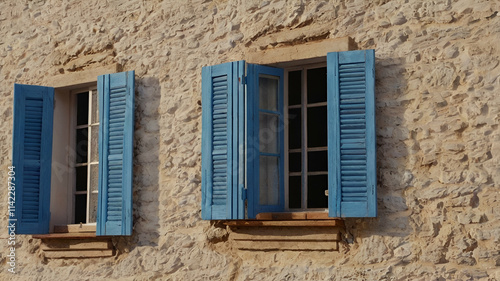 Wooden Open Window Blue Shutters An open window with blue shutters on a yellow wall casting a shadow of a person standing in the doorway,
