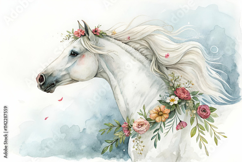 A graceful white horse adorned with a floral crown, set against a soft, watercolor background, exuding beauty and serenity. photo