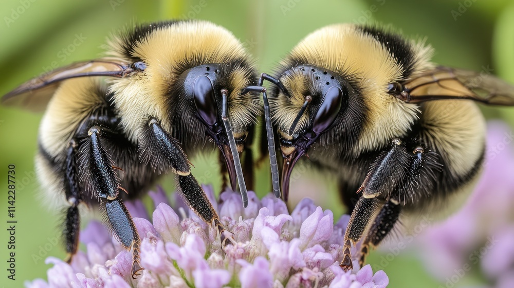 Two bumblebees face-to-face on a purple flower. Two bumblebees face-to-face on a purple flower.