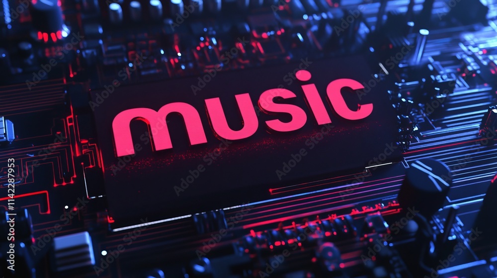Music text on a dark ambient background, illuminated by red and blue cyberpunk sci-fi lighting