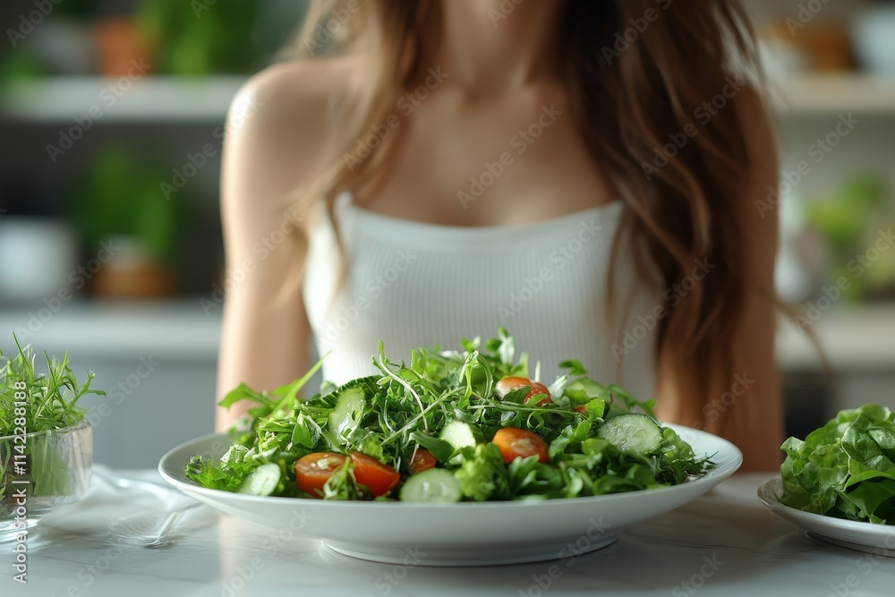 Intermittent fasting with clock, close up young woman, girl diet, waiting time to eat ketogenic low carb, green vegetable salad on plate. Eat food healthy first meal on brunch, lunch on table at, Gene Intermittent fasting with clock, close up young woman, girl diet, waiting time to eat ketogenic low carb, green vegetable salad on plate. Eat food healthy first meal on brunch, lunch on table at, Gene