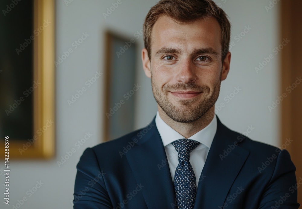 Confident Businessman with Suit and Smile in Modern Office Setting Confident Businessman with Suit and Smile in Modern Office Setting