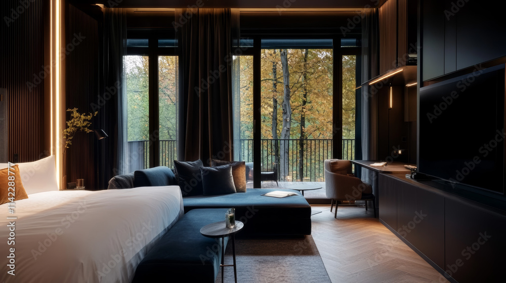 Modern hotel room with large windows showcasing autumn trees and cozy furnishings