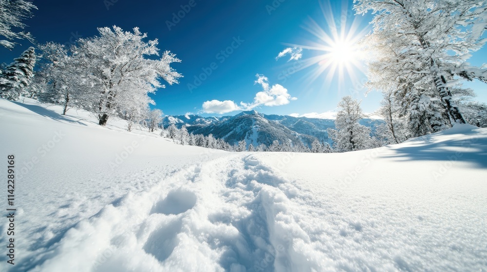 Footprints trace a path in the fresh, undisturbed snow beneath a clear, bright sky with the sun casting dramatic shadows, creating a sense of exploration and discovery. Footprints trace a path in the fresh, undisturbed snow beneath a clear, bright sky with the sun casting dramatic shadows, creating a sense of exploration and discovery.