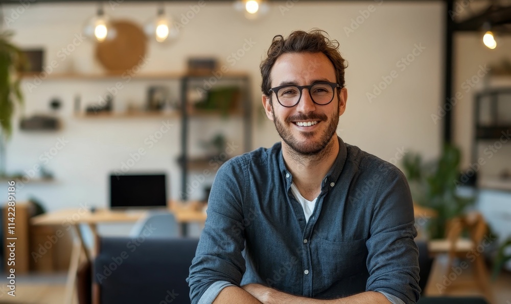 Smiling man, glasses, casual shirt, arms crossed, office background. Smiling man, glasses, casual shirt, arms crossed, office background.