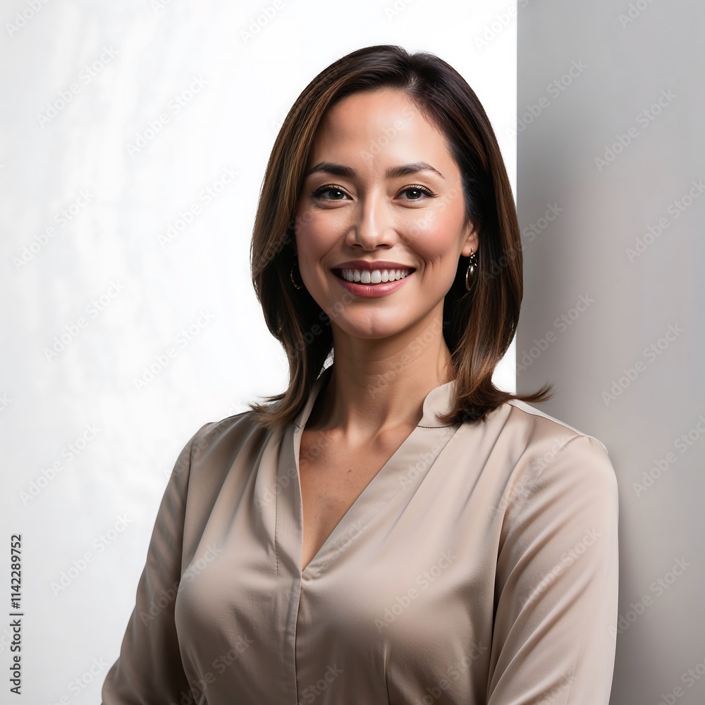 Fototapeta premium Confident Professional Woman Smiling Portrait in Studio Setting