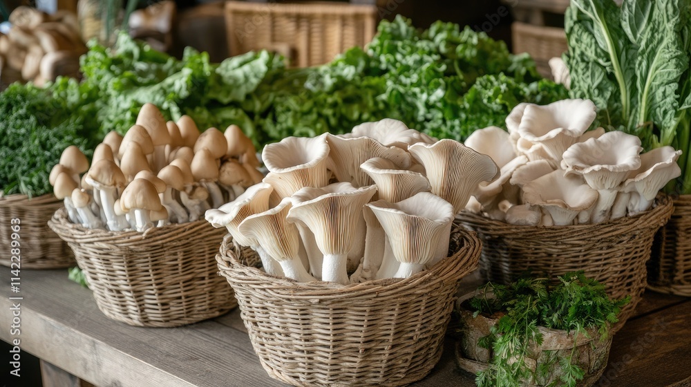 A vibrant market scene showcasing a variety of king oyster mushrooms displayed in baskets, surrounded by other fresh vegetables and herbs, highlighting their culinary appeal.