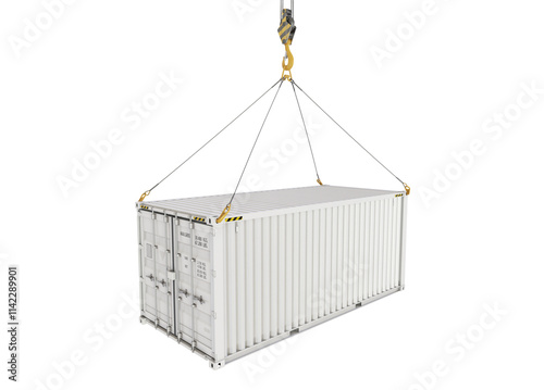 Fototapeta Naklejka Na Ścianę i Meble -  A white cargo container being hoisted by hooks, isolated against a transparent background. The concept of service delivery and transportation. PNG. 3D illustration.