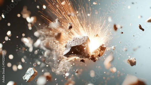 An explosive scene captures a rock fragmenting into fiery pieces against a backdrop of sparks and debris, symbolizing chaos, energy, and the raw force of nature's power. photo