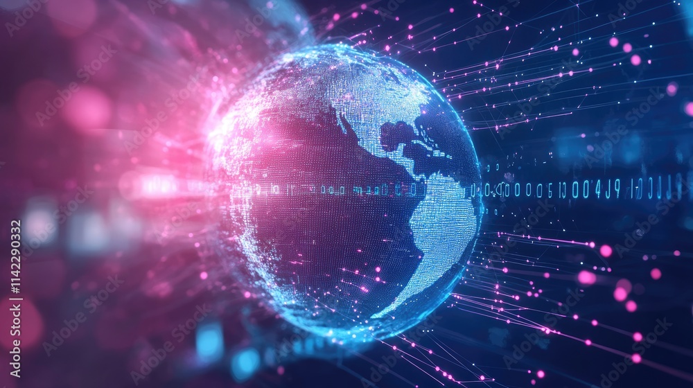 A stylized glowing globe surrounded by rotating binary streams and connection nodes, side view, showing the interplay of global data exchange, cybernetic tone, colored pastel A stylized glowing globe surrounded by rotating binary streams and connection nodes, side view, showing the interplay of global data exchange, cybernetic tone, colored pastel