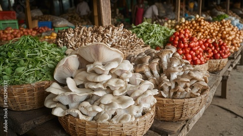 A vibrant market scene showcasing a variety of king oyster mushrooms displayed in baskets, surrounded by other fresh vegetables and herbs, highlighting their culinary appeal.