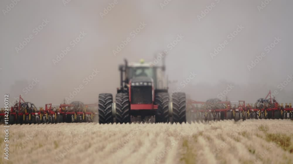 The combine drives across the field and prepares the field for sowing. Treating the field with fertilizers for a good harvest. Agricultural machinery in the field.