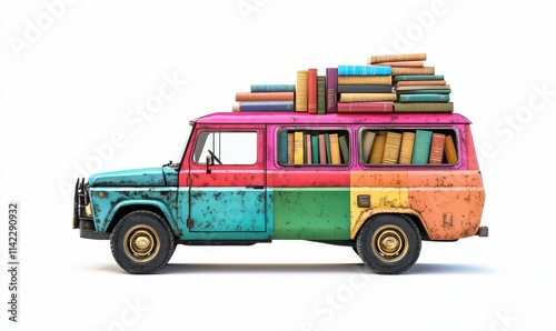 Colorful vintage vehicle, books inside and on top.