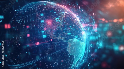 A stylized glowing globe surrounded by rotating binary streams and connection nodes, side view, showing the interplay of global data exchange, cybernetic tone, colored pastel